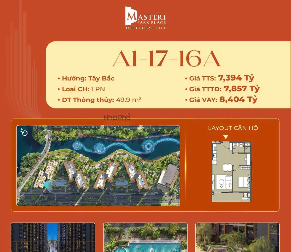 Hình ảnh Căn hộ A1-17-16A – Tòa A1 tầng 17 | 1+ Phòng ngủ | View Nội khu | Masteri Park Place