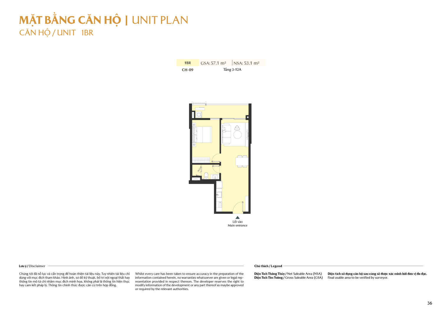 Layout căn hộ 1 ph&ograve;ng ngủ to&agrave; A1 Masteri Park Place - Layout 4