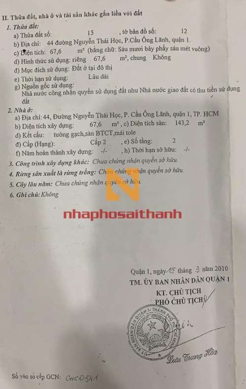 Hình ảnh Bán nhà 44 Nguyễn Thái Học, Phường Cầu Ông Lãnh, Quận 1