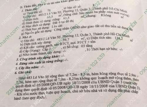 Hình ảnh Bán nhà 483/2 Lê Văn Sỹ, Phường 12, Quận 3