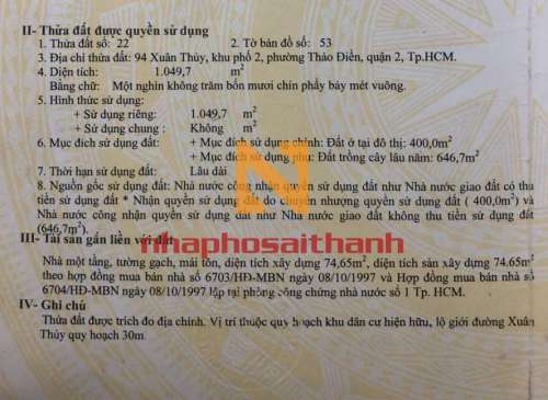 Hình ảnh Bán đất 94 Xuân Thủy Thảo Điền Quận 2
